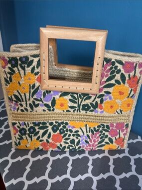 Embroidered Floral Straw Tote with Wooden Square Handles - Yellow & Multicolor